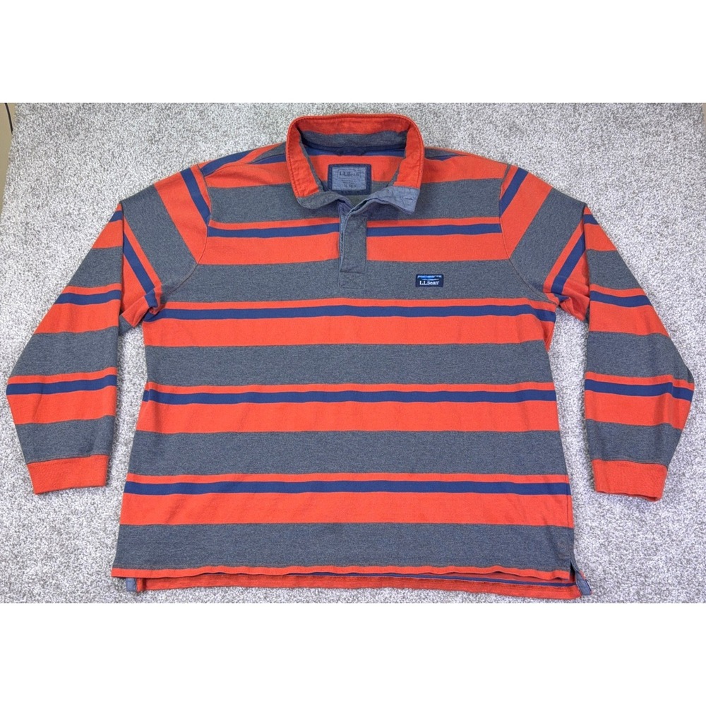L.L.Bean Rugby Shirt Mens XXL Orange Gray Striped Long Sleeve Polo Trad Fit